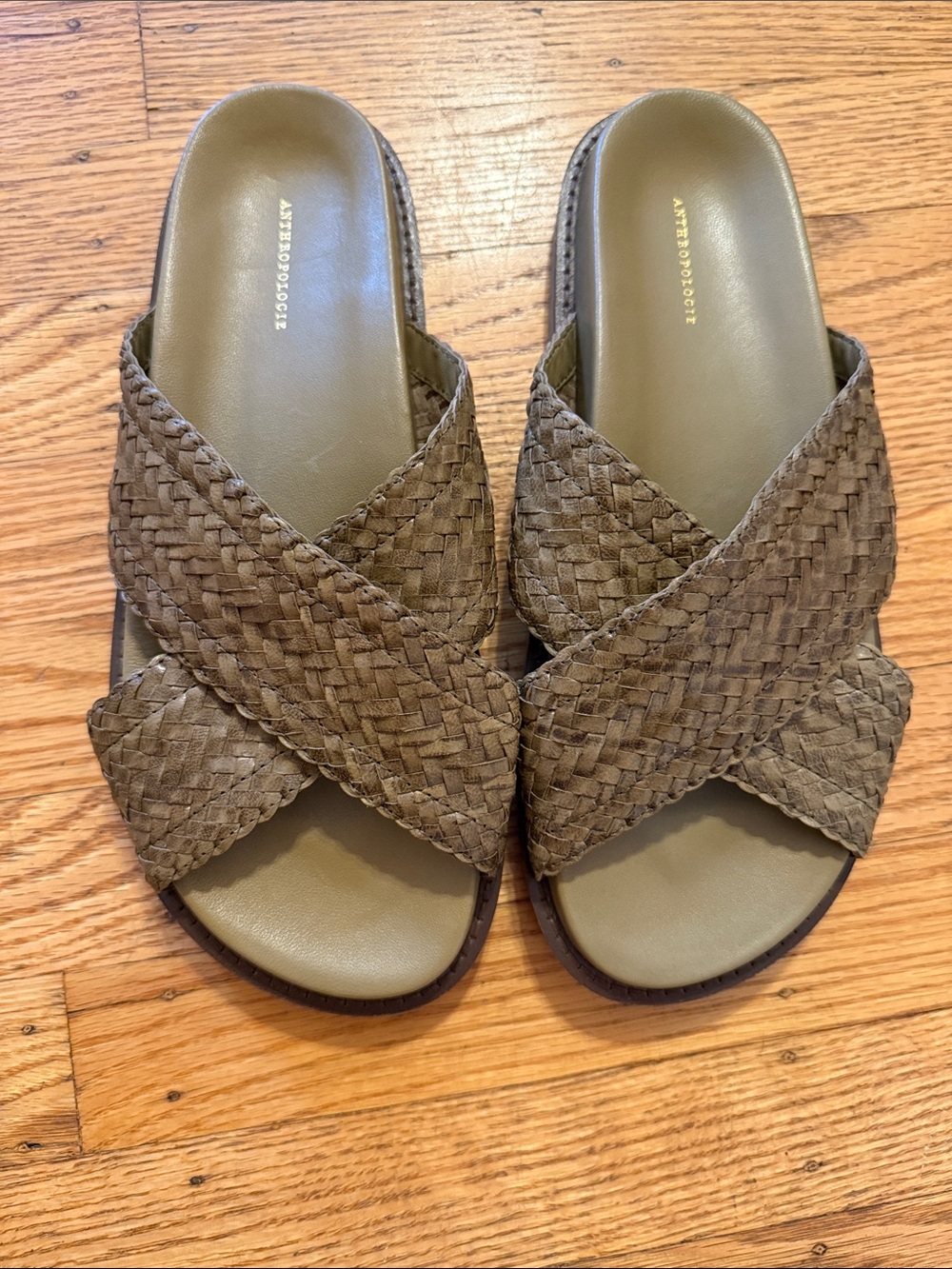 Anthropologie Woven Leather Crossband Slide Sandals in Tan and Olive - Picture 5 of 10